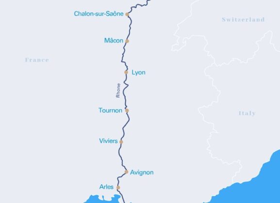 Ruttkarta kryssning Rhônefloden från Lyon till Arles.