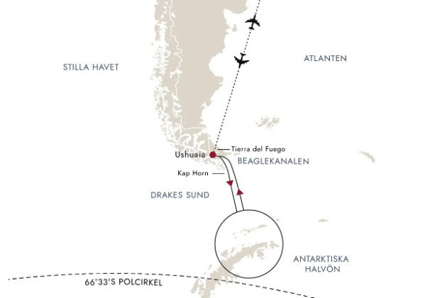 Karta över MS Fridtjof Nansens rutt i Antarktis.