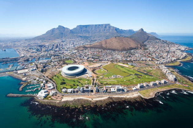 Drönarbild över Kapstaden, Sydafrika.