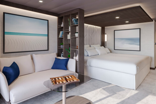 Ocean Suite hytt med soffa och dubbelsäng